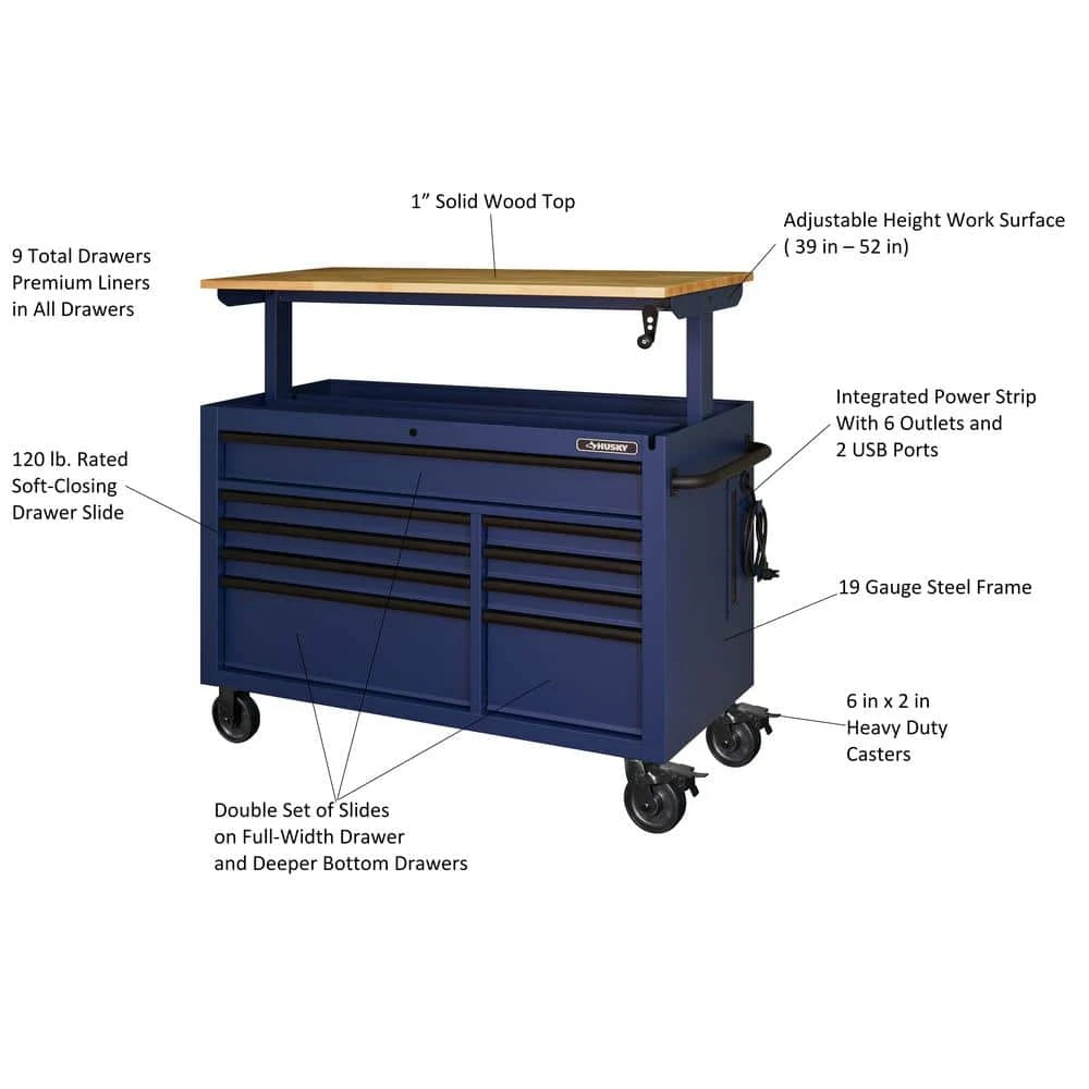 Husky 52 In. W X 25 In. D Heavy Duty 9-Drawer Mobile Workbench Tool Chest With Adjustable-Height Solid Wood Top In Matte Blue 2 Husky 52 In. W X 25 In. D Heavy Duty 9-Drawer Mobile Workbench Tool Chest With Adjustable-Height Solid Wood Top In Matte Blue - Image 2