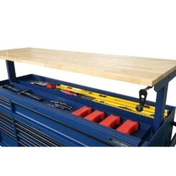 Husky 72 In. W X 24 In. D Heavy Duty 18-Drawer Adjustable Height Mobile Workbench With Solid Wood Top In Matte Blue -Husky Shop matte blue with black trim husky mobile workbenches holc7218bl1m 1d 1000