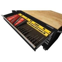 Husky 72 In. W X 24 In. D Heavy Duty 18-Drawer Adjustable Height Mobile Workbench With Solid Wood Top In Matte Blue -Husky Shop matte blue with black trim husky mobile workbenches holc7218bl1m 31 1000