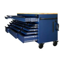 Husky 72 In. W X 24 In. D Heavy Duty 18-Drawer Adjustable Height Mobile Workbench With Solid Wood Top In Matte Blue -Husky Shop matte blue with black trim husky mobile workbenches holc7218bl1m c3 1000