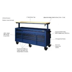Husky 72 In. W X 24 In. D Heavy Duty 18-Drawer Adjustable Height Mobile Workbench With Solid Wood Top In Matte Blue -Husky Shop matte blue with black trim husky mobile workbenches holc7218bl1m e1 1000