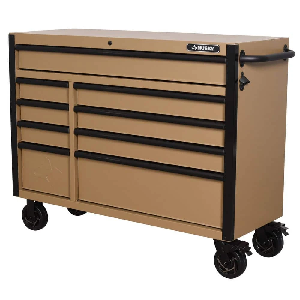 Husky Heavy Duty 52 In. W 9-Drawer Matte Tan Rolling Tool Cabinet 1 Husky Heavy Duty 52 In. W 9-Drawer Matte Tan Rolling Tool Cabinet