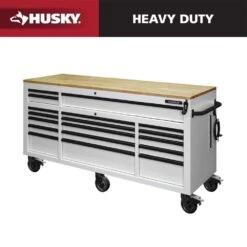 Husky Tool Storage 72 In. W X 24 In. D 18-Drawer Heavy Duty Adjustable Height Mobile Workbench Cabinet In Matte White