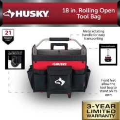 Husky 18 In. Rolling Open Tote Tool Bag With Extended Handle -Husky Shop red black husky tool bags hdroller th e1 1000