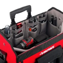 Husky 18 In. Rolling Open Tote Tool Bag With Extended Handle -Husky Shop red black husky tool bags hdroller th fa 1000