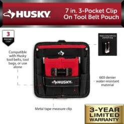 Husky 7 In. 3-Pocket Clip On Tool Belt Pouch -Husky Shop red black husky tool belts hd55200 th e1 1000