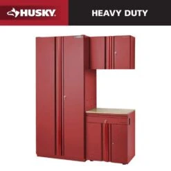 Husky Heavy Duty 64 In. W X 81 In. H X 24 In. D Pre-Assembled Steel 3-Piece Garage Storage System In Red With Wood Worktop
