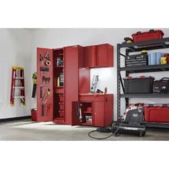Husky Heavy Duty 64 In. W X 81 In. H X 24 In. D Pre-Assembled Steel 3-Piece Garage Storage System In Red With Wood Worktop -Husky Shop red husky garage storage systems hd1f03 vr a0 1000