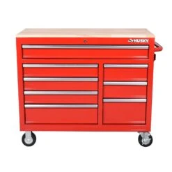Husky 42 In. W X 18.1 In. D 8-Drawer Red Mobile Workbench Cabinet With Solid Wood Top -Husky Shop red husky mobile workbenches h42mwc8red 40 1000