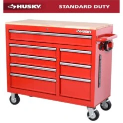 Husky 42 In. W X 18.1 In. D 8-Drawer Red Mobile Workbench Cabinet With Solid Wood Top