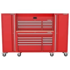 Husky Modular Tool Storage 92in. W Standard Duty Red Mobile Workbench Cabinet W/ 52in. W Top Chest And (2) 20 In. Side Lockers -Husky Shop red husky mobile workbenches h52modsuite4red 40 1000