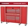 Husky Modular Tool Storage 92in. W Standard Duty Red Mobile Workbench Cabinet W/ 52in. W Top Chest And (2) 20 In. Side Lockers -Husky Shop red husky mobile workbenches h52modsuite4red 64 1000