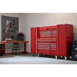 Husky Modular Tool Storage 92in. W Standard Duty Red Mobile Workbench Cabinet W/ 52in. W Top Chest And (2) 20 In. Side Lockers -Husky Shop red husky mobile workbenches h52modsuite4red 77 1000