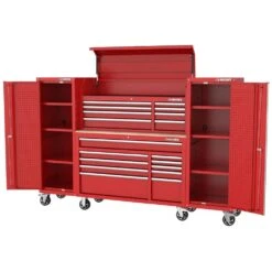 Husky Modular Tool Storage 92in. W Standard Duty Red Mobile Workbench Cabinet W/ 52in. W Top Chest And (2) 20 In. Side Lockers -Husky Shop red husky mobile workbenches h52modsuite4red a0 1000