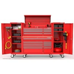 Husky Modular Tool Storage 92in. W Standard Duty Red Mobile Workbench Cabinet W/ 52in. W Top Chest And (2) 20 In. Side Lockers -Husky Shop red husky mobile workbenches h52modsuite4red e1 1000