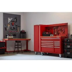 Husky Modular Tool Storage 72 In. W Standard Duty Red Mobile Workbench Cabinet With Pegboard And 20 In. Side Locker -Husky Shop red husky mobile workbenches h52modsuite5red 1f 1000