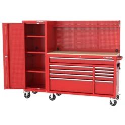 Husky Modular Tool Storage 72 In. W Standard Duty Red Mobile Workbench Cabinet With Pegboard And 20 In. Side Locker -Husky Shop red husky mobile workbenches h52modsuite5red a0 1000