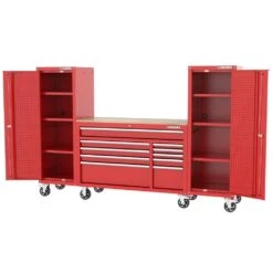 Husky Modular Tool Storage 92 In. W Standard Duty Red Mobile Workbench Cabinet With (2) 20 In. Side Lockers -Husky Shop red husky mobile workbenches h52modsuite8red 40 1000