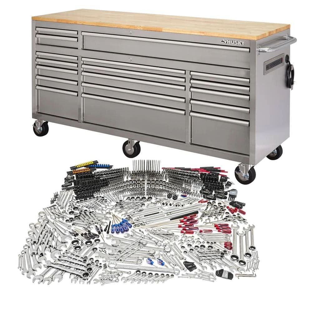 Husky 72 In. W X 24 In D Heavy Duty 18-Drawer Mobile Workbench With Mechanics Tool Set (1,025-Piece) In Stainless Steel 1 Husky 72 In. W X 24 In D Heavy Duty 18-Drawer Mobile Workbench With Mechanics Tool Set (1,025-Piece) In Stainless Steel