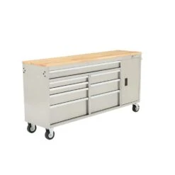 Husky 72 In. W X 18 In. D Heavy Duty 8-Drawer 1-Door Mobile Workbench Tool Chest With Solid Wood Top In Stainless Steel 25 Husky 72 In. W X 18 In. D Heavy Duty 8-Drawer 1-Door Mobile Workbench Tool Chest With Solid Wood Top In Stainless Steel -Husky Shop stainless steel with silver trim husky mobile workbenches hyls 7208 44 1000