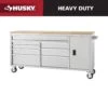 Husky 72 In. W X 18 In. D Heavy Duty 8-Drawer 1-Door Mobile Workbench Tool Chest With Solid Wood Top In Stainless Steel 24 Husky 72 In. W X 18 In. D Heavy Duty 8-Drawer 1-Door Mobile Workbench Tool Chest With Solid Wood Top In Stainless Steel -Husky Shop stainless steel with silver trim husky mobile workbenches hyls 7208 64 1000