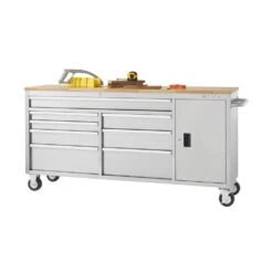 Husky 72 In. W X 18 In. D Heavy Duty 8-Drawer 1-Door Mobile Workbench Tool Chest With Solid Wood Top In Stainless Steel 27 Husky 72 In. W X 18 In. D Heavy Duty 8-Drawer 1-Door Mobile Workbench Tool Chest With Solid Wood Top In Stainless Steel -Husky Shop stainless steel with silver trim husky mobile workbenches hyls 7208 76 1000