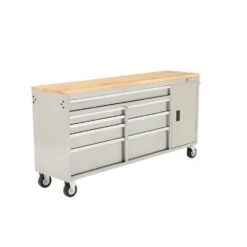 Husky 72 In. W X 18 In. D Heavy Duty 8-Drawer 1-Door Mobile Workbench Tool Chest With Solid Wood Top In Stainless Steel 18 Husky 72 In. W X 18 In. D Heavy Duty 8-Drawer 1-Door Mobile Workbench Tool Chest With Solid Wood Top In Stainless Steel -Husky Shop stainless steel with silver trim husky mobile workbenches hyls 7208 a0 1000