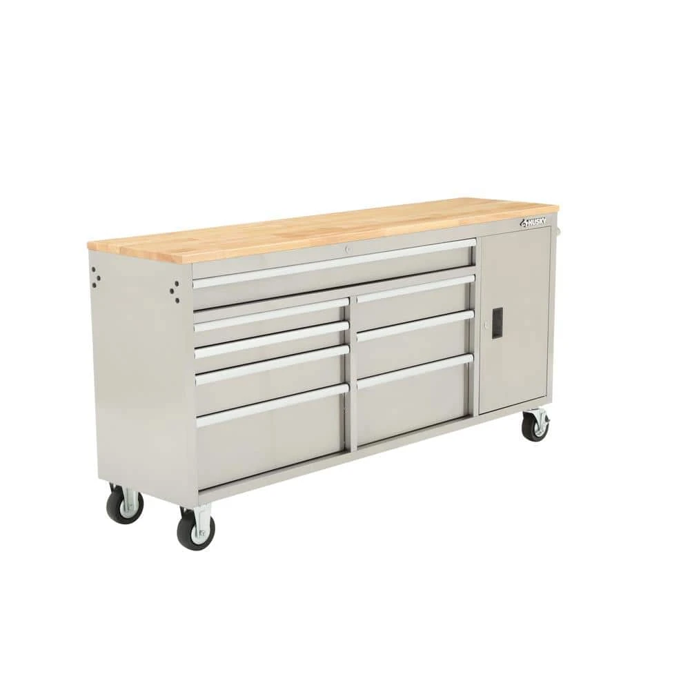 Husky 72 In. W X 18 In. D Heavy Duty 8-Drawer 1-Door Mobile Workbench Tool Chest With Solid Wood Top In Stainless Steel 4 Husky 72 In. W X 18 In. D Heavy Duty 8-Drawer 1-Door Mobile Workbench Tool Chest With Solid Wood Top In Stainless Steel - Image 4