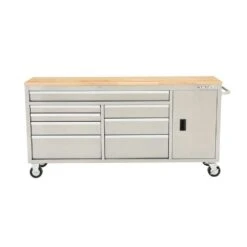 Husky 72 In. W X 18 In. D Heavy Duty 8-Drawer 1-Door Mobile Workbench Tool Chest With Solid Wood Top In Stainless Steel 26 Husky 72 In. W X 18 In. D Heavy Duty 8-Drawer 1-Door Mobile Workbench Tool Chest With Solid Wood Top In Stainless Steel -Husky Shop stainless steel with silver trim husky mobile workbenches hyls 7208 fa 1000