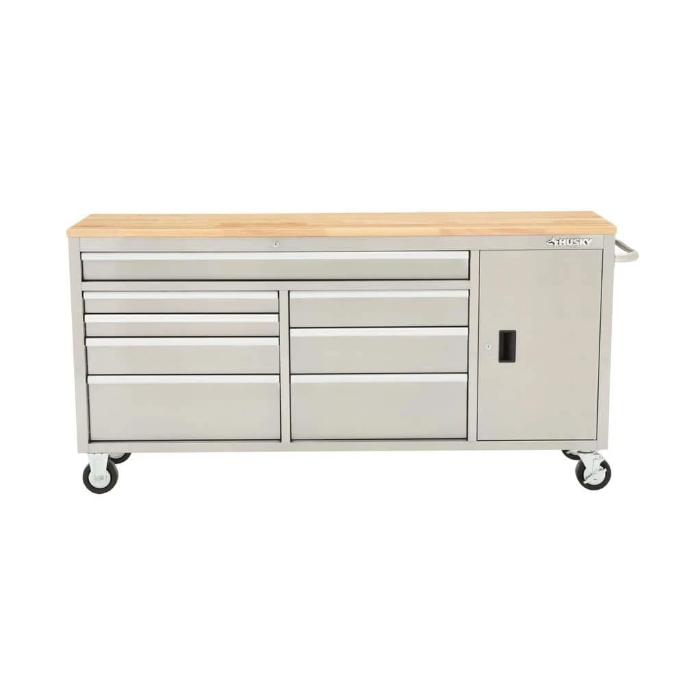Husky 72 In. W X 18 In. D Heavy Duty 8-Drawer 1-Door Mobile Workbench Tool Chest With Solid Wood Top In Stainless Steel 12 Husky 72 In. W X 18 In. D Heavy Duty 8-Drawer 1-Door Mobile Workbench Tool Chest With Solid Wood Top In Stainless Steel - Image 12