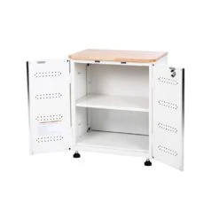 HUSKY 28 In. W X 33 In. H X 19 In.D Folding 22-Gauge Steel 1-Piece Garage Storage System In White W/ Wooden Worktop -Husky Shop white gloss powder coating husky free standing cabinets fc182832t01wt 1f 1000