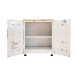 HUSKY 28 In. W X 33 In. H X 19 In.D Folding 22-Gauge Steel 1-Piece Garage Storage System In White W/ Wooden Worktop -Husky Shop white gloss powder coating husky free standing cabinets fc182832t01wt 77 1000