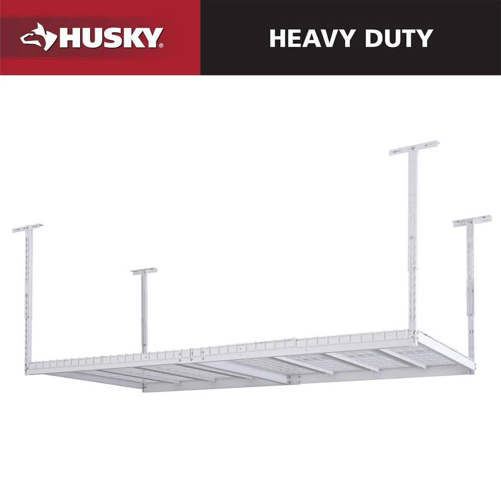 Husky 97.5 In. W X 43.75 In. H X 48 In. D Adjustable Height Metal Heavy-Duty Overhead Garage Storage Rack In White 1 Husky 97.5 In. W X 43.75 In. H X 48 In. D Adjustable Height Metal Heavy-Duty Overhead Garage Storage Rack In White